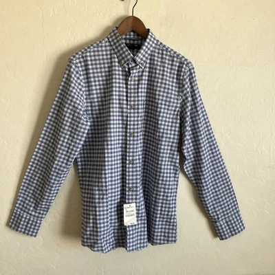 Camisa social masculina Nordstrom acabamento médio ajuste azul xadrez algodão linho botão para baixo - Imagem 1 de 4