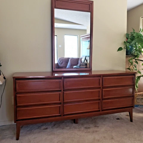 Vintage Mid Century Modern Triple Dr. 9 Drawer Lowboy Dresser With Mirror Cover