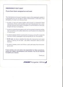 MALEV EXIT ROW SAFETY CARD
