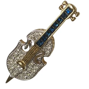 String Instrument Guitar Cello Rhinestone Pin Brooch Gold W Blue & Clear Stones - Picture 1 of 12