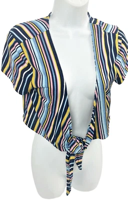 Junior Medium Eye Candy Stripe Tie Front Crop Cardigan Beach Top Stretch - Image 1 of 4