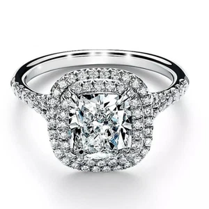 3CT Radiant Lab Grown Diamond Cushion-cut Double Halo Engagement 14kt Gold Ring - Picture 1 of 7