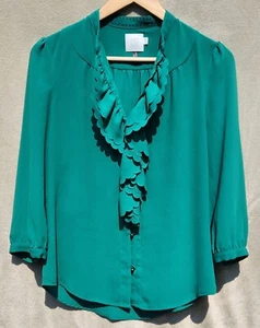 EUC - Women's Anthropologie HD in Paris Green Ruffle Neck Boho Top; Size 4. - Picture 1 of 4