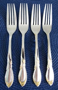 4-RETRONEU-STEPHANIE GOLD ACCENT STAINLESS DINNER FORKS 18/8 KOREA - Picture 1 of 4