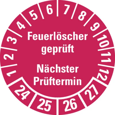 KÖNIG WERBEANLAGEN Prüfplakette Feuerlöscher geprüft Nächst. Prüftermin 24-27 rot Folie 30mm 18/Bog
