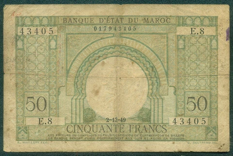 Morocco Banque D'Etat Du Maroc 1949 50 Francs Cover