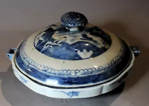 19th c. Chinese Export Canton Blue & White Porcelain Covered Warming Dish c.1850 - Picture 1 of 8