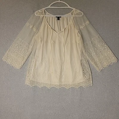 Alyx Top Womens Large Sheer Embroidered Tie Scalloped Floral Cottagecore Dainty - Image 1 of 4