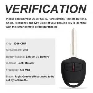 433Mhz 2 Button Car Remote Key Fob ID46 Chip Fit for MITSUBISHI Outlander - Picture 1 of 12