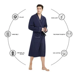 Mens 100% Cotton Robe Lightweight Knit Bathrobe with Pockets 2XL/3XL Navy Blue - Picture 1 of 5