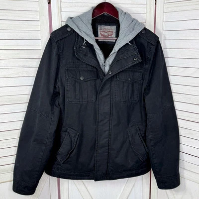 Levi’s Jean Jacket Mens Medium Black Sherpa Lined Denim Trucker Hood Zip Grunge - Image 1 of 4
