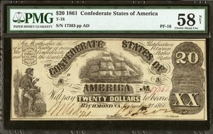 T-18 $20 1861 Confederate States Banknote Civil War Confederacy Money, PMG AU 58 - Picture 1 of 3