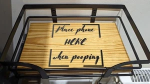 Place Phone Here When POOPING, personalised Toilet Roll Holder with Shelf, Woode - Picture 1 of 3