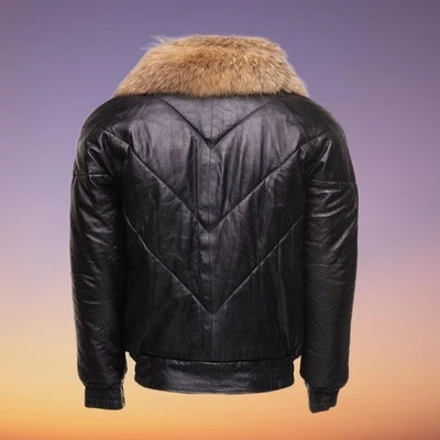 Chaqueta acolchada de cuero de oveja genuino para hombre con cuello de piel de zorro hecha a mano para mujer Foto 1 de 3