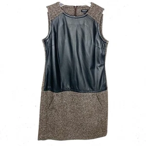 Worth New York Damen Tweed Etuikleid braun Wollmischung & schwarzes Leder Größe 4 - Bild 1 von 10