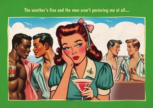 Gay postcard inspired by vintage British saucy seaside humour: Weather's Fine - Picture 1 of 2