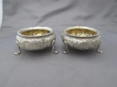 PAIR Antique BOSTON PURE COIN Silver MASTER SALT CELLARS-Repousse Floral-NR - Image 1 of 4