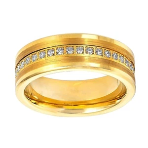 8mm Yellow Gold Tungsten with Pavé CZ Men's Wedding Eternity Band Ring - Picture 1 of 4