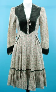 Vtg Women's 70s Cream & Green Velvet Fall Print Gunne Sax Midi Dress XS/S 1970s - Picture 1 of 14