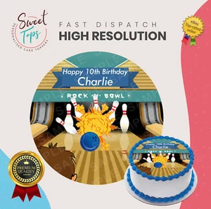 BOWLING ROUND EDIBLE BIRTHDAY CAKE TOPPER DECORATION PERSONALISED - Picture 1 of 1