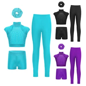 Girls Cutout Shiny Rhinestones Crop Top with Shorts Leggings Outfit Performance - Picture 1 of 27