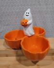 2004 Target Halloween Jack o Lantern Pumpkin Ghost Ceramic Triple Dip Candy Bowl