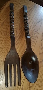HUGE 28" MID CEN MOD Vintage Carved Wood FORK & SPOON Wall Decor TIKI TOTEM! - Picture 1 of 2