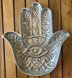 15.5” Heavy Embossed Metal Hamsa Protection Eye Hand Wicca Platter Sculpture - Picture 1 of 9