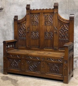 ARRIVES OCT. 2025: French Antique Oak Wood Gothic Bench with Lift Top Seat - Picture 1 of 8