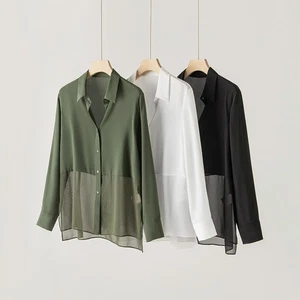 Autumn Long Sleeved Silk Shirts Women's New Splicing Sunscreen Shirt Silk Tops - Picture 1 of 27