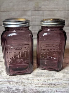 Retro Purple Glass 4 1/2" Salt Pepper Shakers Aluminum Lids Embossed - Picture 1 of 9