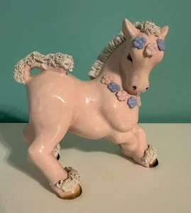 MCM 5.25" Pink & Blue Flowers Spaghetti Horse Ceramic JAPAN Muscular Figurine - Picture 1 of 6