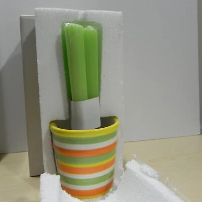 Avon Skin So Soft Lemon 3 Candle Set Striped Ceramic Flower Pot NOS Porch Patio - Image 1 of 4