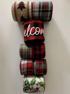 Lot 8 Christmas Holly Welcome Buffalo Ck Wired Ribbon 4 Yds Ea 2.5 & 1.5” New - Image 1 of 4