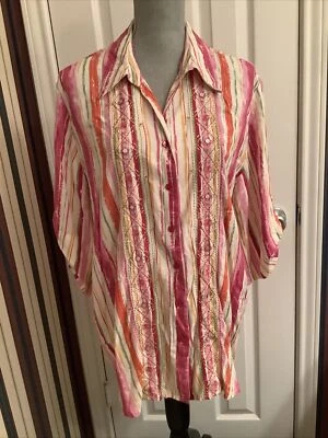 Napa Valley Embroidered Beaded Shirt Blouse Pink Stripe 1X - Imagem 1 de 4