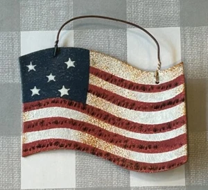 Rustic Style Hanging Metal American Flag Ornament  3/5”W - Picture 1 of 3