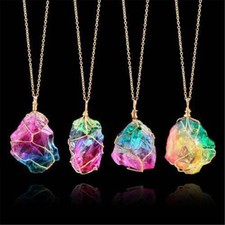 Rainbow Stone Natural Crystal Chakra Rock Chain Quartz Pendant Necklace Jewelry