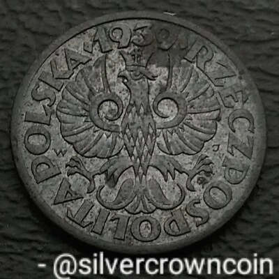 Poland 🇵🇱 1 Grosz 1939 W. Y#34. Zinc 1 Cent coin. Crowned Eagle. WWII Germ. Oc - Image 1 of 4