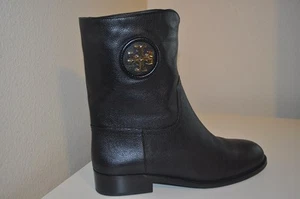 NIB Tory Burch HALLIE Mid Shaft Boot Black Leather Gold Logo Riding Boots 7 - Picture 1 of 6