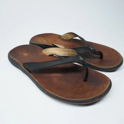 VGC! Olukai Pua Womens Sz 7 Black Leather FLip Flop Sandals Black - Image 1 of 4