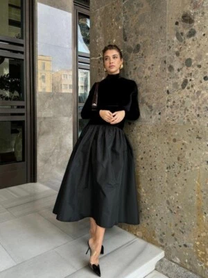 Mujeres Falda Midi Tafetán Negra Informal o Formal Ocasión Moda Falda Foto 1 de 3