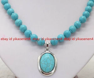 Natural 10mm Blue Turquoise Round Gemstone Beads Oval Pendant Necklace 18''