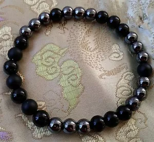 Pulsera Elástica Curativa Piedra Preciosa Turmalina Negra Onix Hematita Natural - Imagen 1 de 7