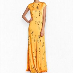 Zara Maxi Dress Gold Yellow Black Abstract Print Sheer Cap Sleeve Size Medium