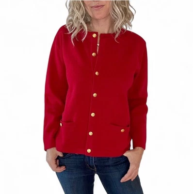 Cárdigan suéter vintage Talbots grande rojo 50 % lana dorado botón preppy dinero antiguo Foto 1 de 4