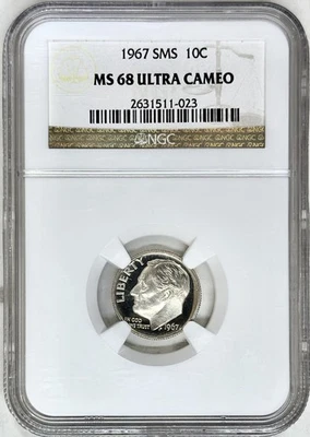 1967 SMS ROOSEVELT DIME NGC MS68 ULTRA CAMEO, LOW POPULATION - VERY RARE!! - Image 1 of 2