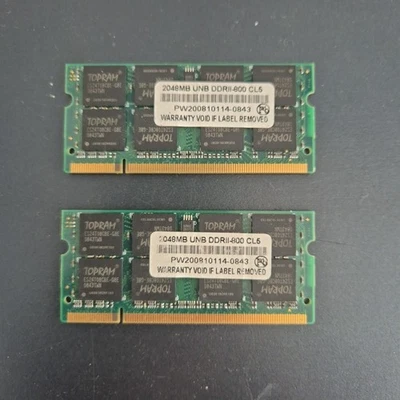2x Barrette Mémoire 2GB RAM DDR2 Topram PW200810114-0843 SO-DIMM CL5 - Photo 1/2