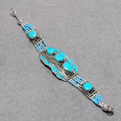 Pulsera Joyería Nepalí Moda Bohemia Hecha a Mano Turquesa Tibetana 7" SR 3305 Foto 1 de 4
