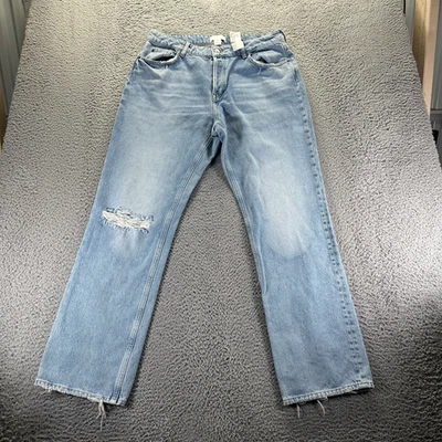H&M Jeans Women's 14 Blue Cotton Denim Straight Leg Workwear Faded Distressed - Image 1 of 4