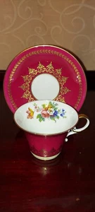 VTG Aynsley  Bone China Burgundy Red Floral Tea Cup Saucer Set England - Picture 1 of 5